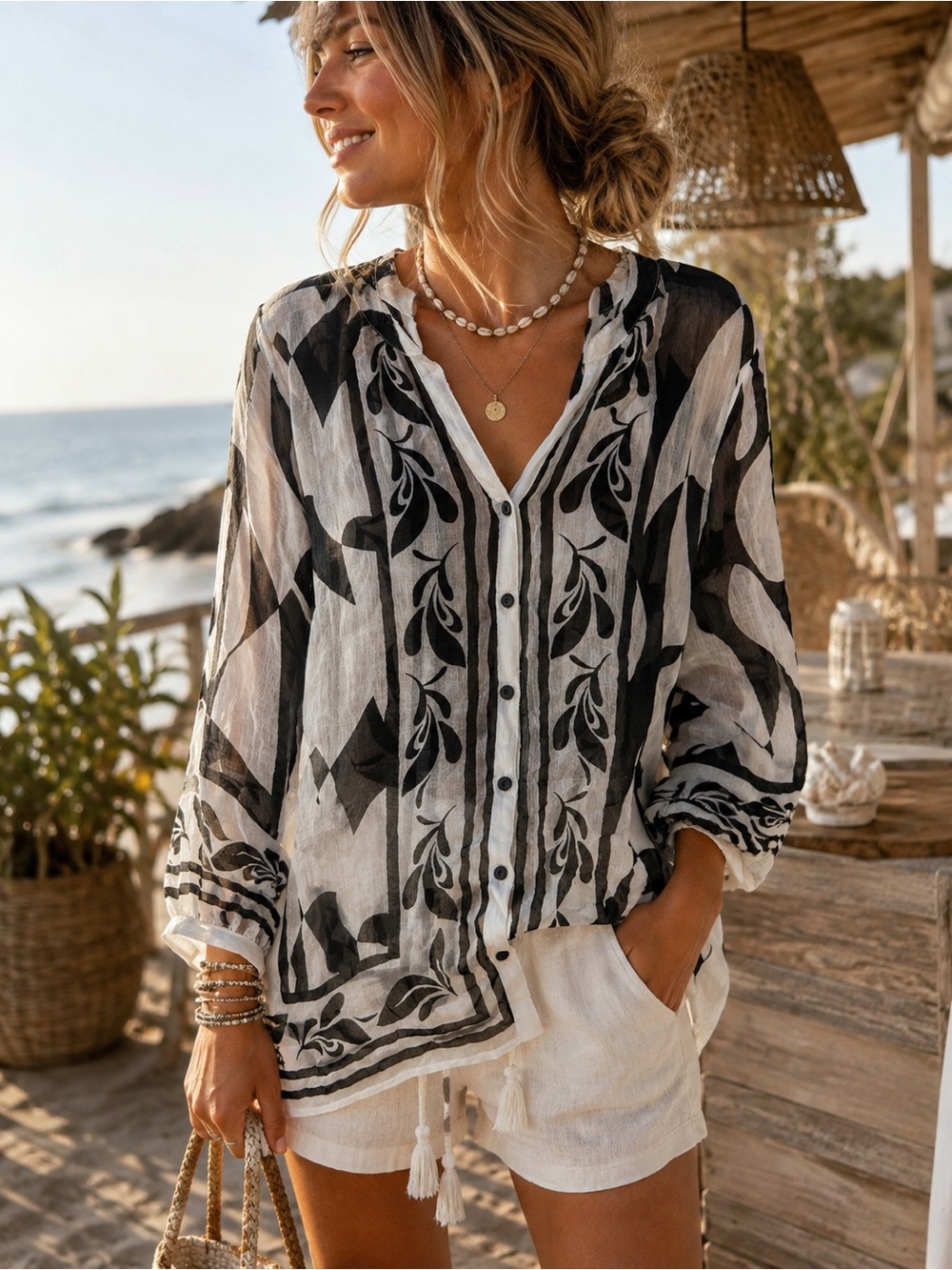 Figueroa & Flower Large Black White Sheer Boho Button Front Blouse Coastal